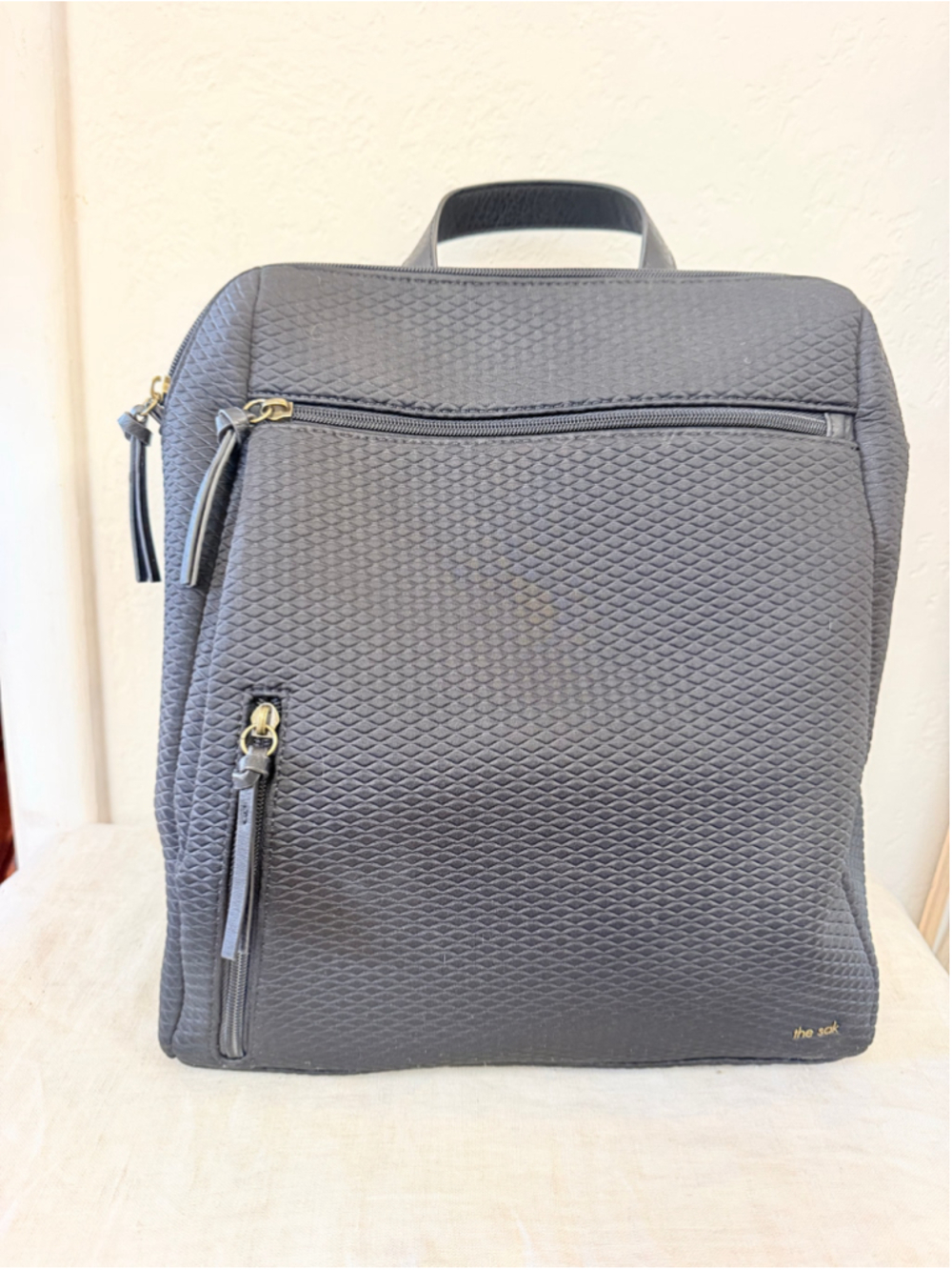 The Sak Black Textured Backpack Purse Olvera Style Zip Pockets Adjustable Straps